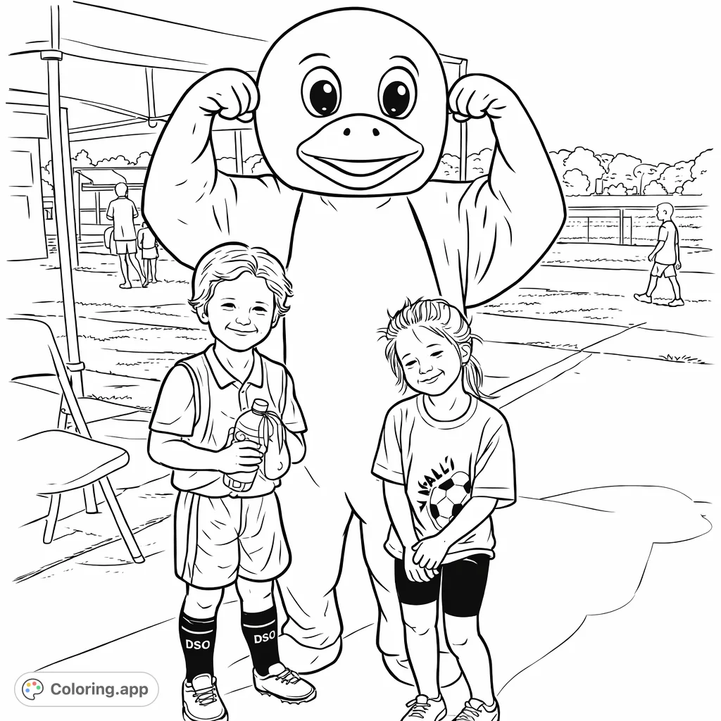 A cheerful penguin mascot poses with two smiling children in soccer uniforms, against a backdrop of a park and lake. Perfect for fun and creativity.