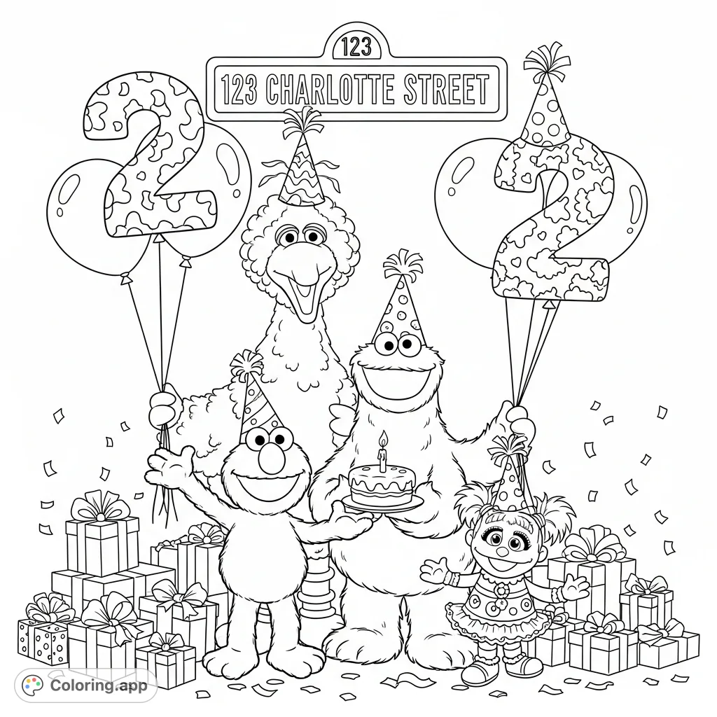 Join Elmo, Big Bird, Cookie Monster, and Abby for a joyous celebration on Sesame Street! A free printable Sesame Street coloring page for kids and adults.