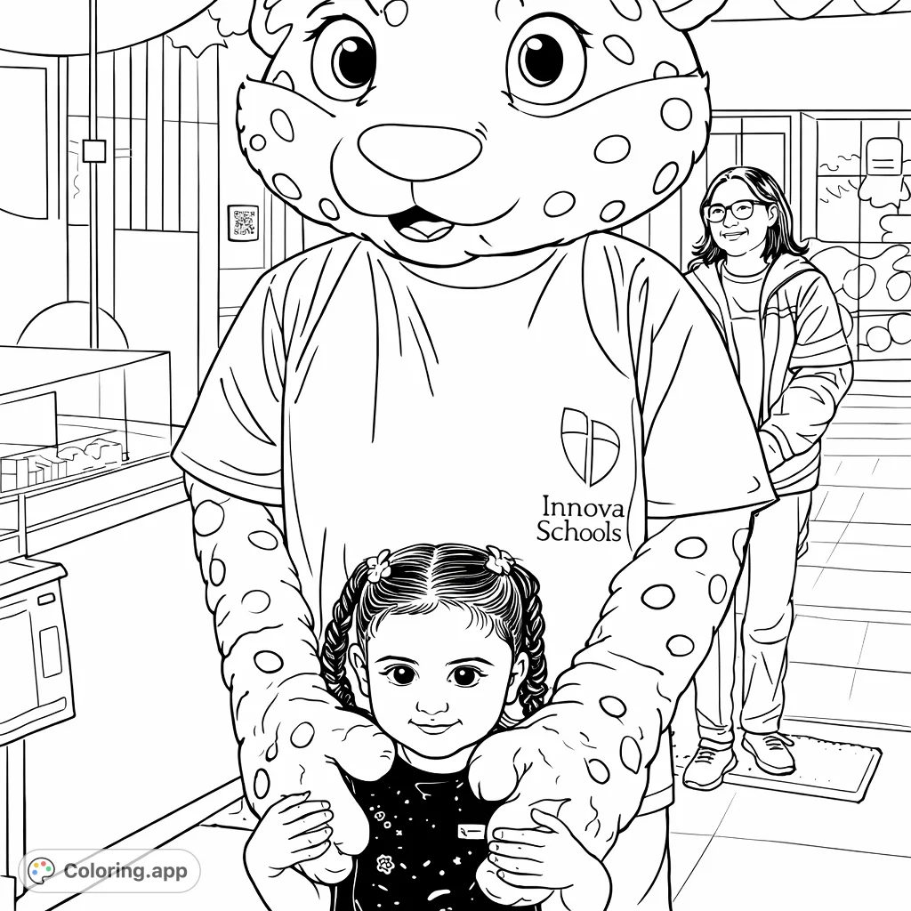 Color a heartwarming scene featuring a large, friendly spotted mascot embracing a small child, with an adult subtly in the background. A delightful moment to bring to life!