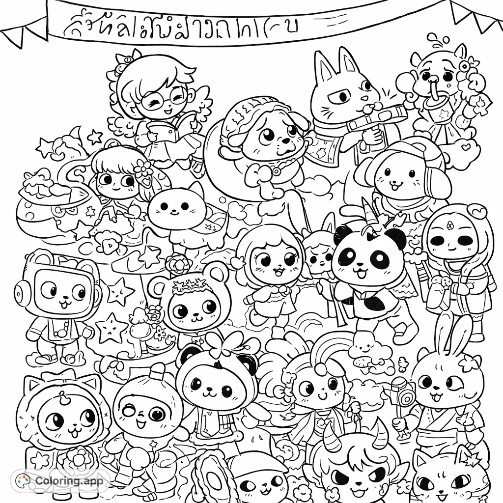An adorable gathering of numerous chibi characters in diverse animal and fantasy costumes, celebrating together. Perfect for fans of cute and detailed designs.