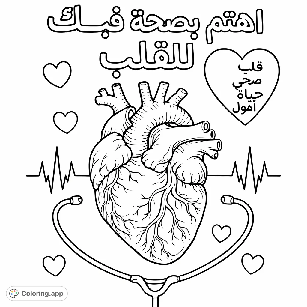 Explore a detailed human heart with a stethoscope, ECG lines, and inspiring script. A perfect heart health coloring page for focus and creativity.