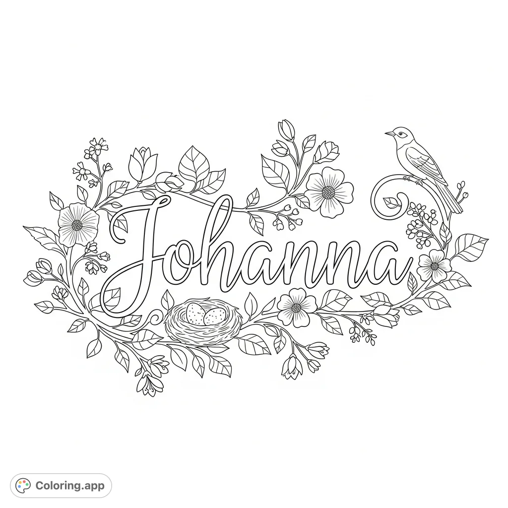 An intricate "Johanna" name coloring page with elegant cursive script, winding vines, diverse blooming flowers, detailed foliage, a hidden nest with eggs, and a perched nightingale.
