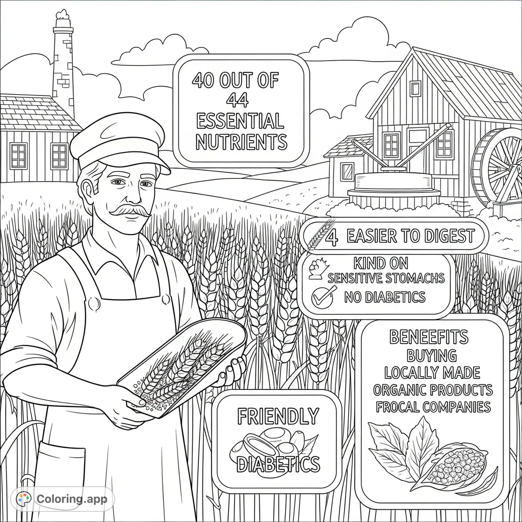 Discover the health benefits of fresh milled flour and local organic products with this detailed, informative coloring page featuring a miller and wheat field.