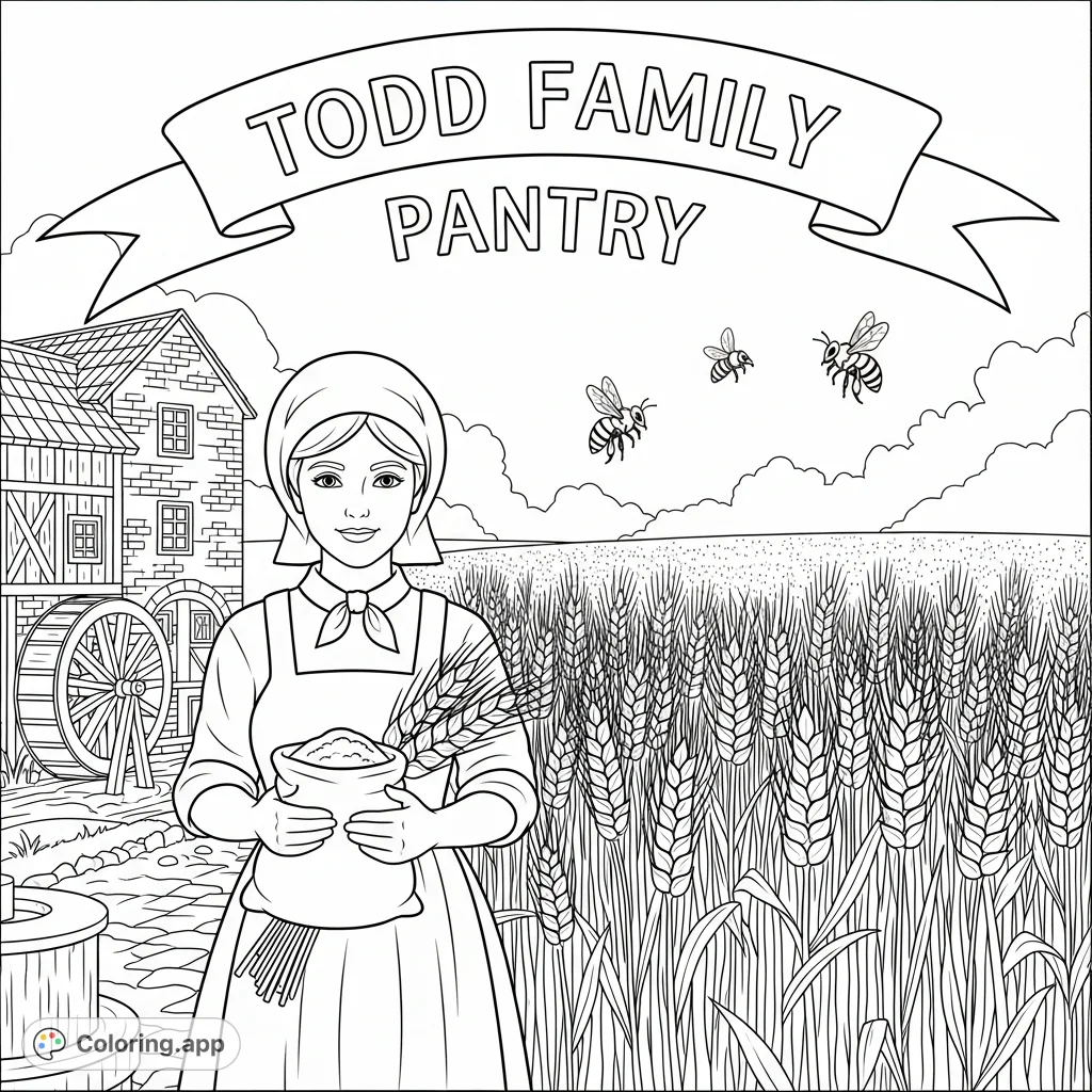 A charming free printable Todd Family Pantry coloring page featuring a baker or miller, a sprawling wheat field, and a detailed milling building.