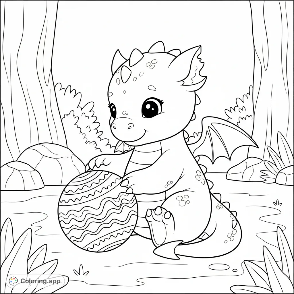 Color a charming baby dragon batting at a textured toy in a whimsical setting. A delightful fantasy creature scene perfect for relaxation.