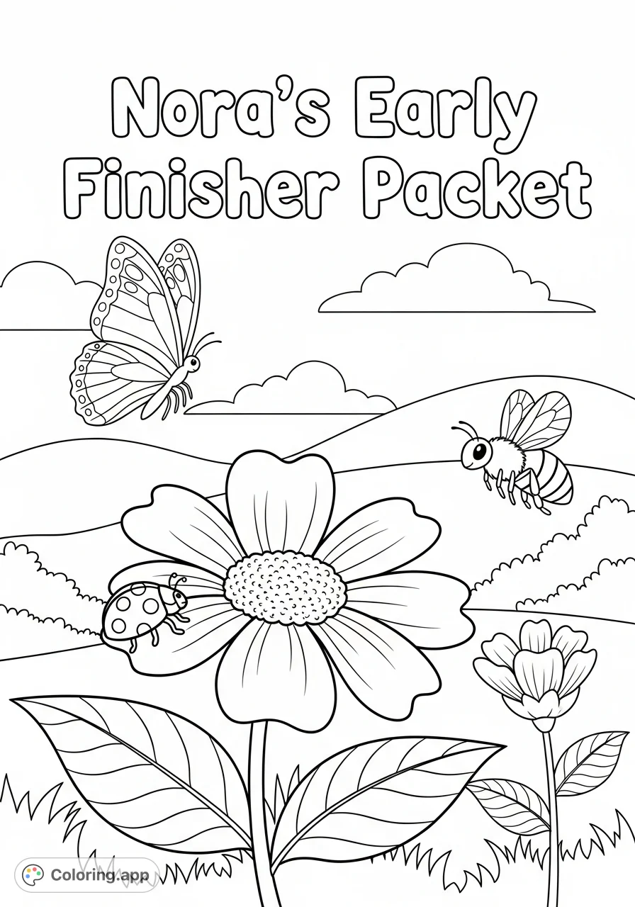 A charming spring coloring page featuring blooming flowers, a cheerful ladybug, and a fluttering butterfly, all framed by "Nora's Early Finisher Packet".