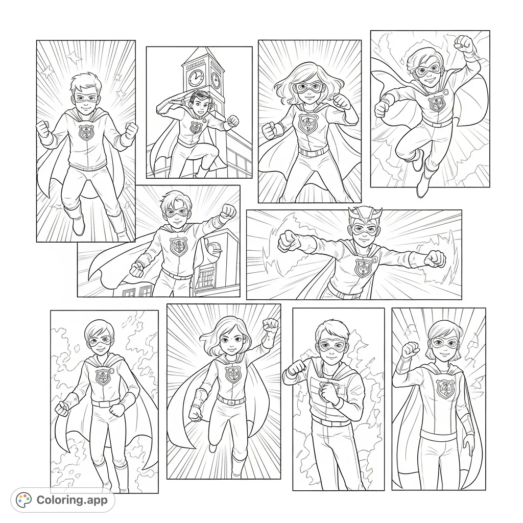 Action-packed graphic novel frames featuring Caterham School pupils transformed into dynamic superheroes, ready to save the day with unique powers and costumes. A thrilling free printable superhero coloring page.