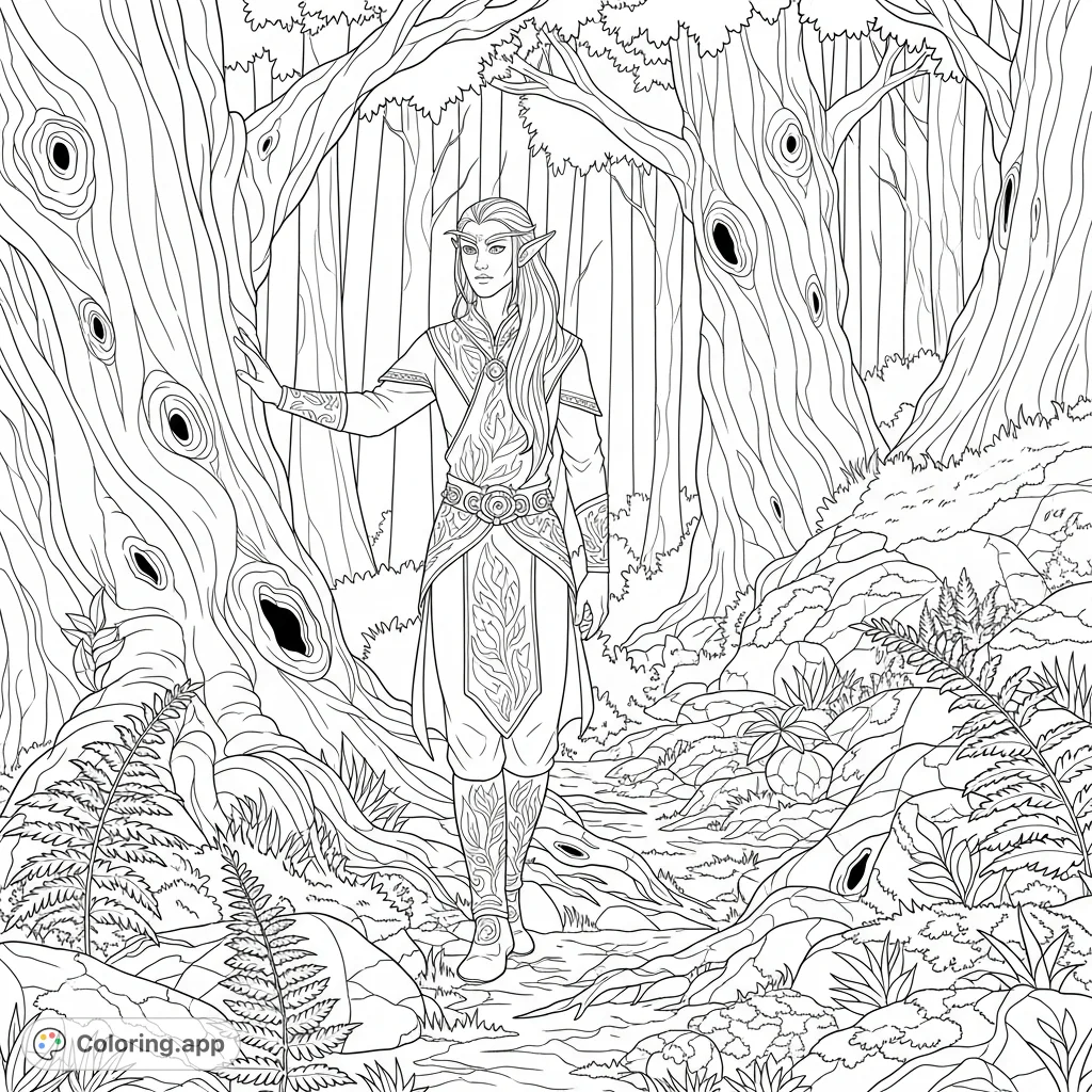 Discover a free printable forest elf coloring page, depicting a graceful elf amidst ancient trees, intricate foliage, and dappled light, perfect for fantasy lovers.