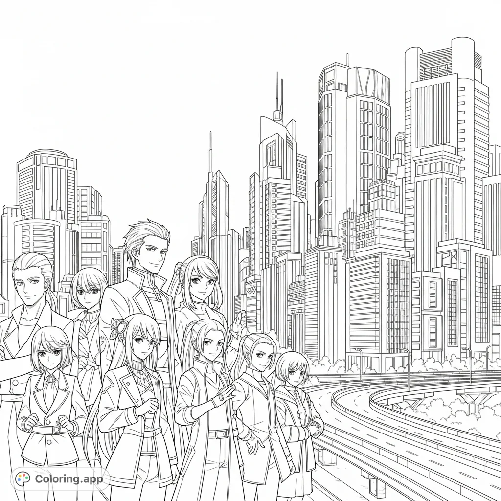 Dive into a dynamic manga cityscape coloring page featuring a group of stylish characters against a backdrop of modern high-rise buildings. Perfect for anime fans!