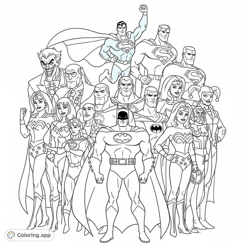 An action-packed DC Superheroes and Villains coloring page, featuring Batman, Superman, Wonder Woman, Joker, and more iconic characters from the 90's animated series.