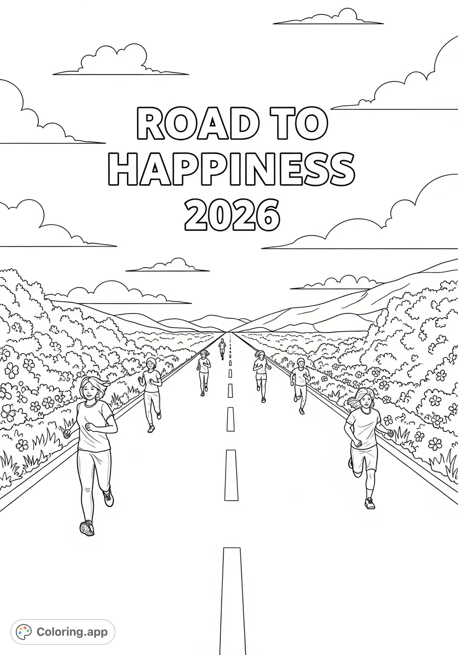 Embark on a joyful journey with this inspiring Road to Happiness 2026 coloring page. Features dynamic runners in a scenic spring/summer landscape, perfect for motivation.