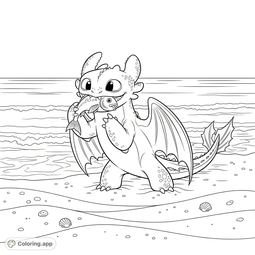 A happy Toothless is playing on a sandy beach, enjoying a delicious fish. This fun scene captures his joyful spirit by the lapping waves, perfect for fans.