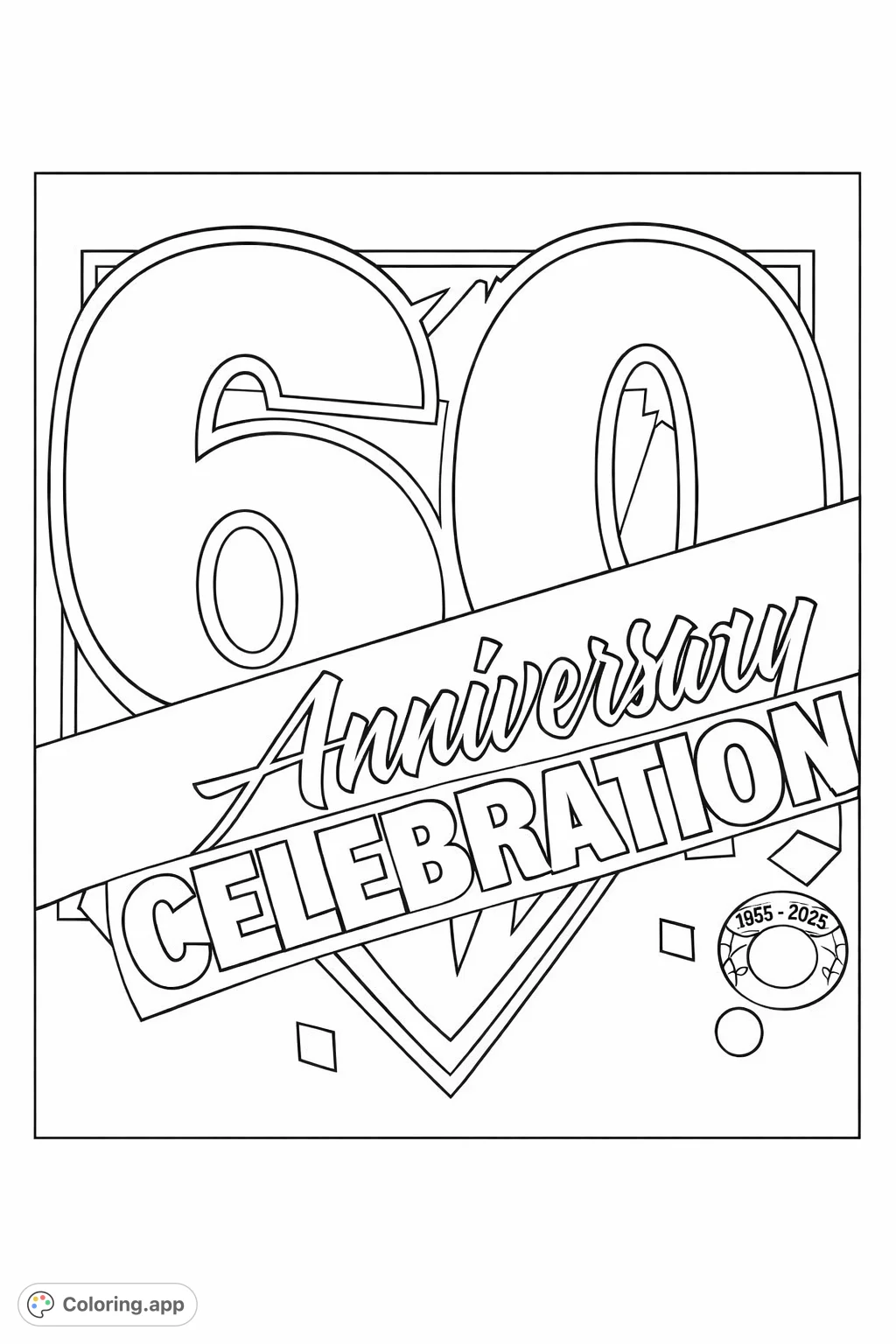 A dynamic 60th Anniversary Celebration coloring page featuring bold numbers, script and block text, and geometric elements. Perfect for special milestones.