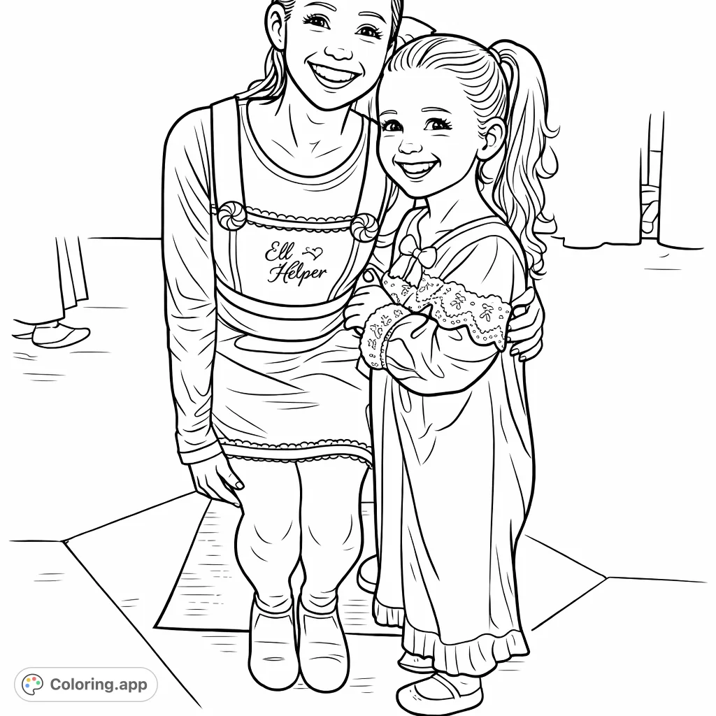 A cheerful scene featuring two smiling individuals, one older and one younger, in festive outfits. Perfect for creative coloring!