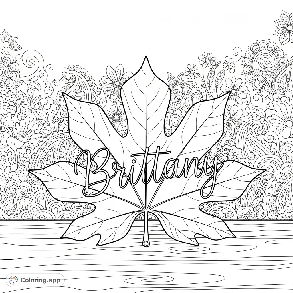 A prominent broad leaf features "Brittany" in elegant cursive, surrounded by intricate floral, paisley, and swirling patterns on a textured surface.