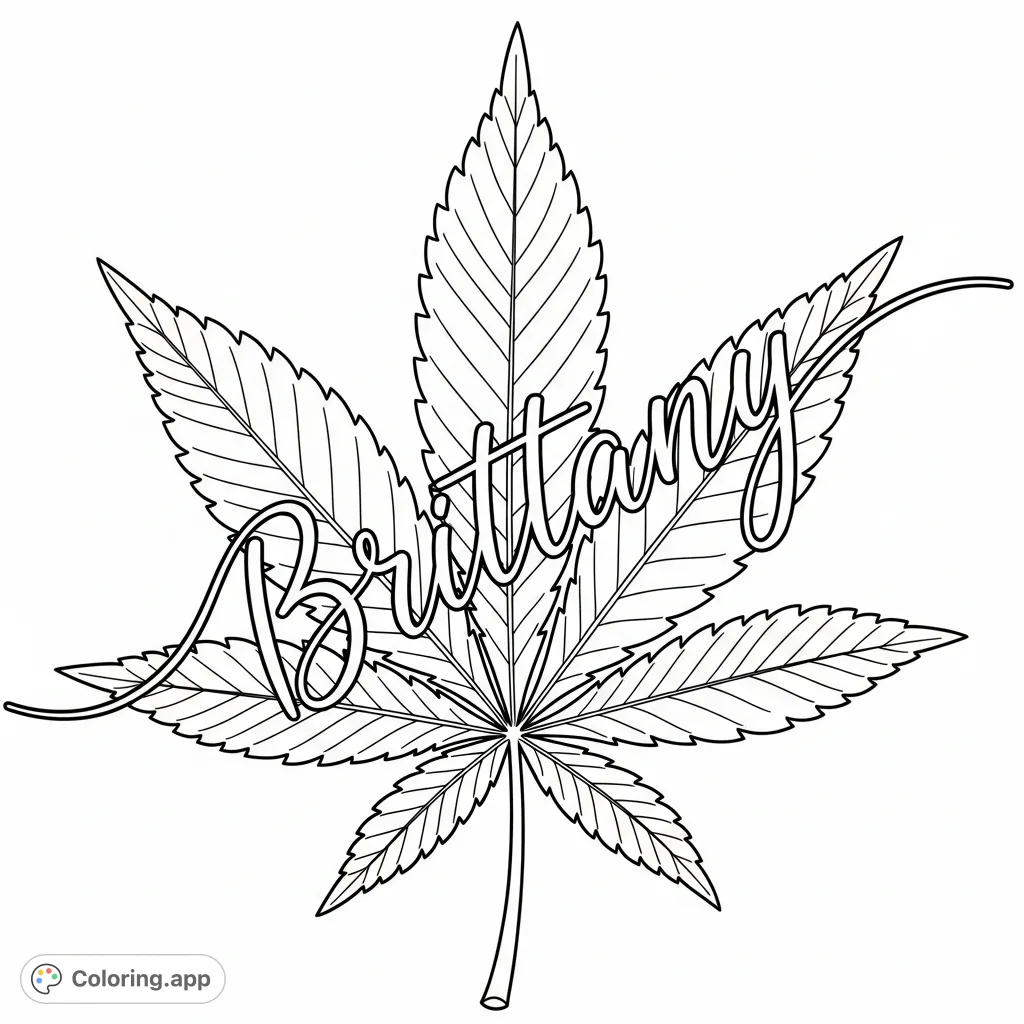 A unique cannabis leaf design featuring the name 'Brittany' in elegant cursive across its surface. Perfect for personalized adult coloring.