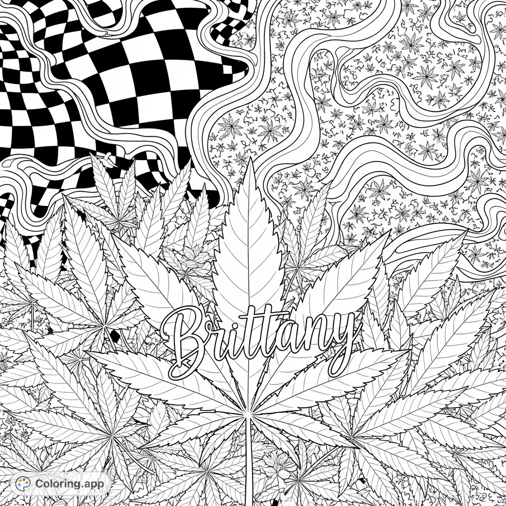 A unique pot leaf design featuring the name "Brittany" in elegant cursive on a central leaf, set against a background of intricate checkered, flowing, and tribal patterns.