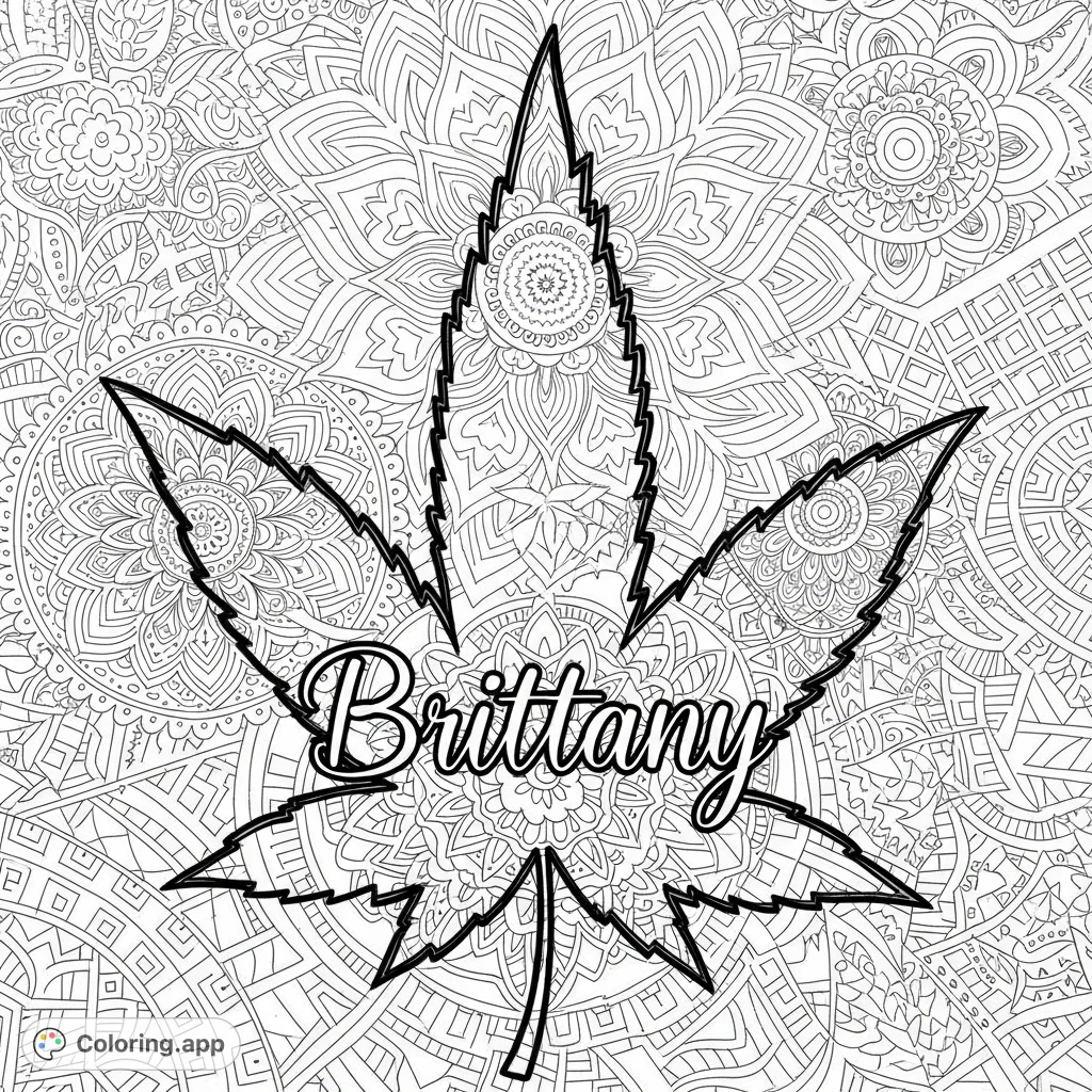Discover a unique pot leaf design with the name 'Brittany' etched on its surface, revealing intricate mandalas, tribal patterns, and geometric grids behind it.