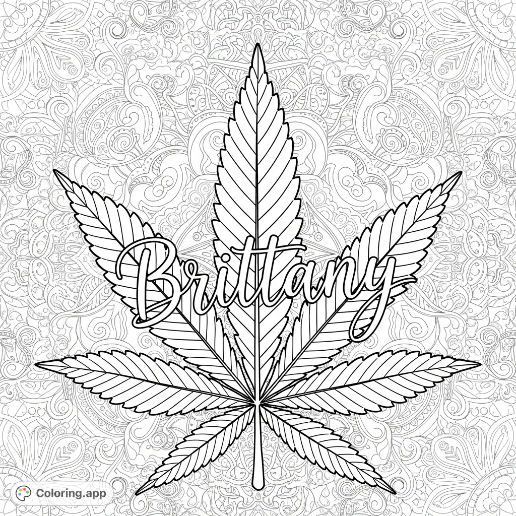 An intricate pot leaf featuring the name "Brittany" in elegant script, set against a dense mosaic of swirling patterns and delicate filigree. Perfect for advanced colorists.