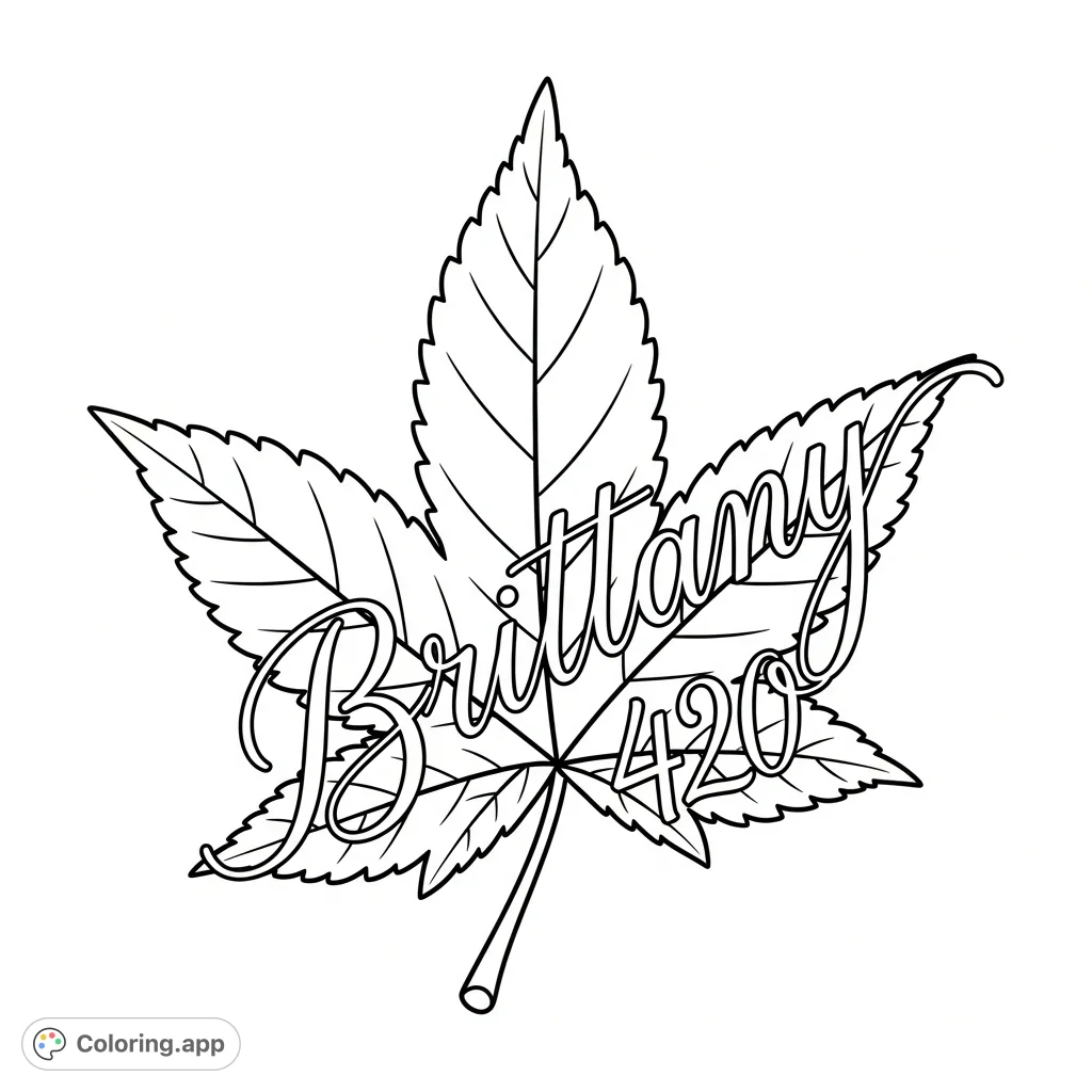 A unique 420 leaf design featuring the name 'Brittany' in elegant cursive, perfect for adult colorists seeking a personalized and relaxing activity.