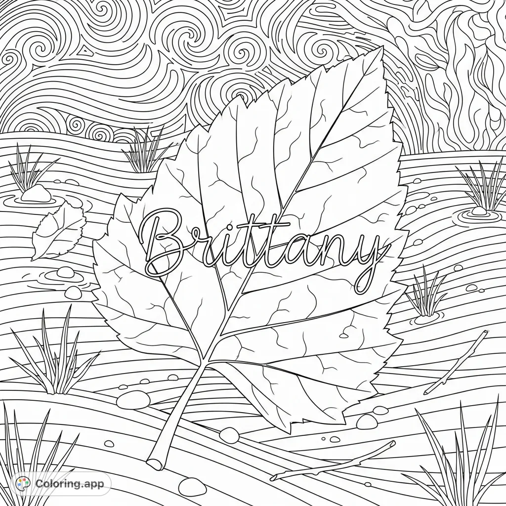 A singular, textured leaf with the name "Brittany" in cursive, nestled among detailed natural elements and stylized patterns. Perfect for adults.