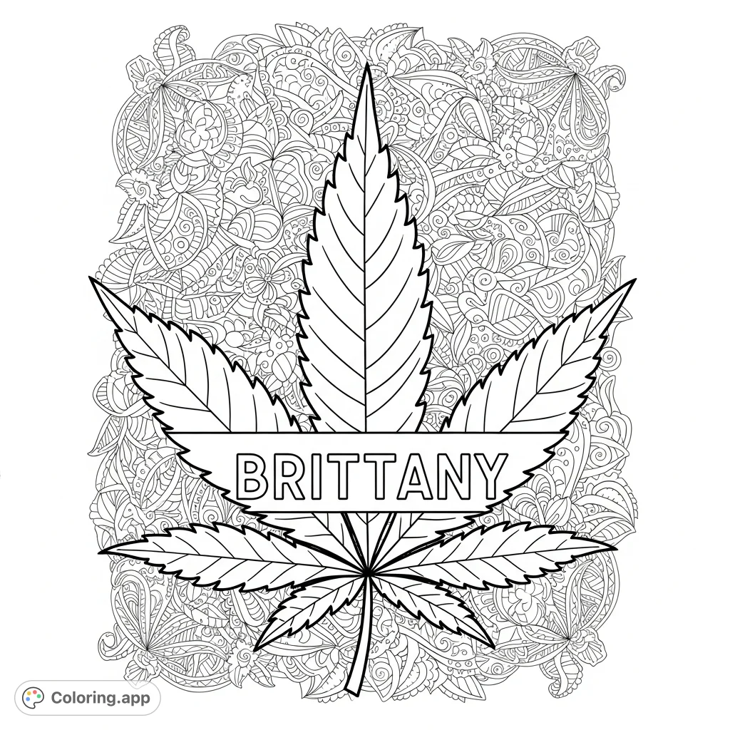 Color a detailed marijuana leaf with 'Brittany' across its surface, set against a background of intricate, abstract patterns. Perfect for adult colorists.