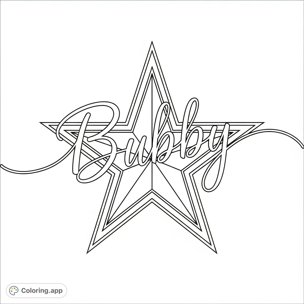 A unique Dallas Cowboys star logo personalized with the name "Bubby" in elegant cursive, perfect for dedicated fans to color and display their team pride.