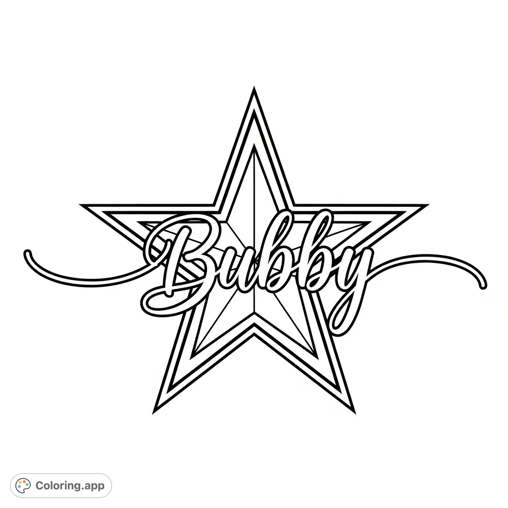 Personalize a classic Dallas Cowboys star logo with the name "Bubby" in elegant cursive. Perfect for fans to color and display their team spirit!