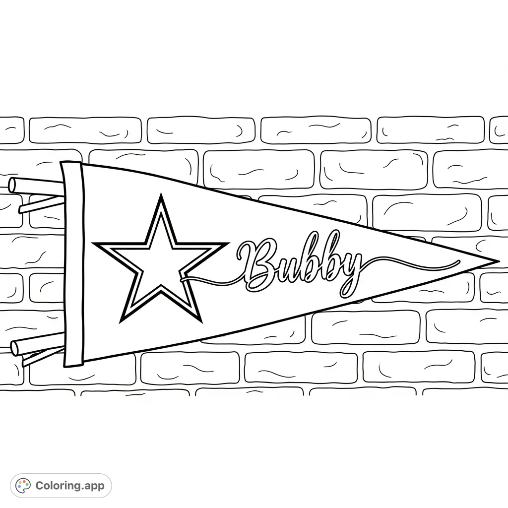Show your team pride! A personalized Dallas Cowboys pennant featuring the iconic star logo and the name "Bubby" hangs against a textured brick wall.