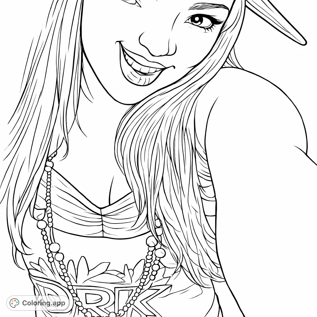 A striking portrait featuring a person with distinct makeup, flowing hair, and a unique layered necklace over a top with a bold leaf pattern.