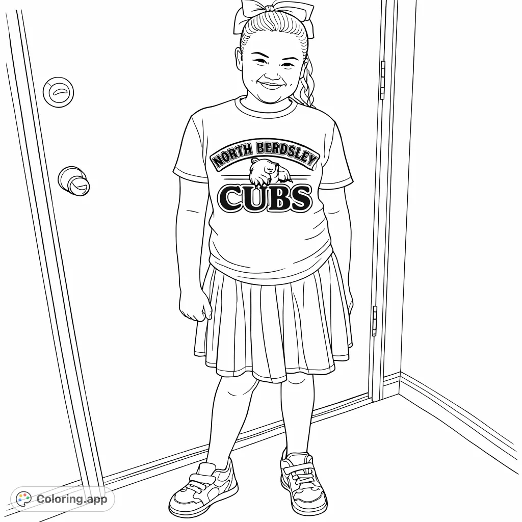 A cheerful student stands proudly in a school spirit outfit, featuring a logoed t-shirt, pleated skirt, and athletic shoes, set against a simple indoor background.