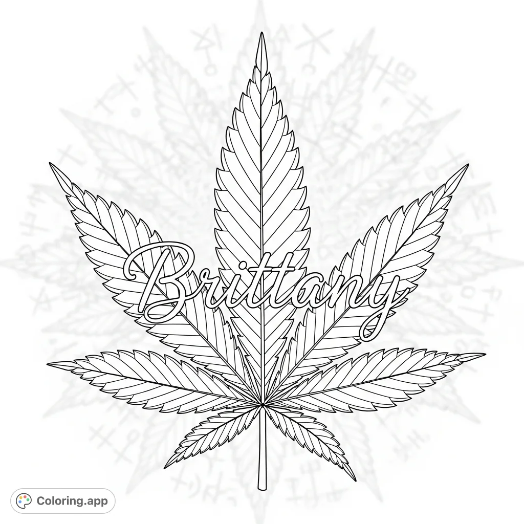 An intricate pot leaf featuring detailed venation and the name "Brittany" in elegant cursive, set against a softly blurred background of abstract patterns.
