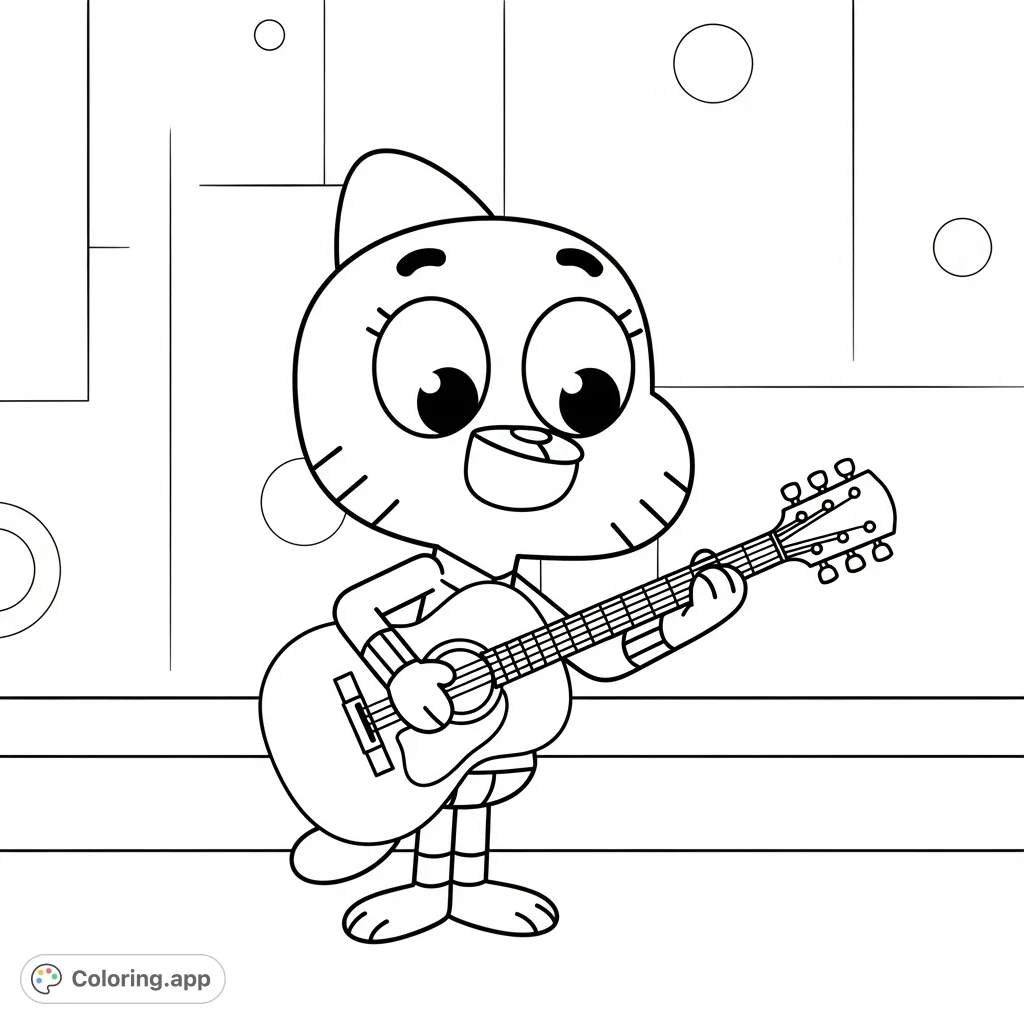 Join Darwin from The Amazing World of Gumball as he plays his guitar! A fun, free printable Gumball coloring page for kids and fans.