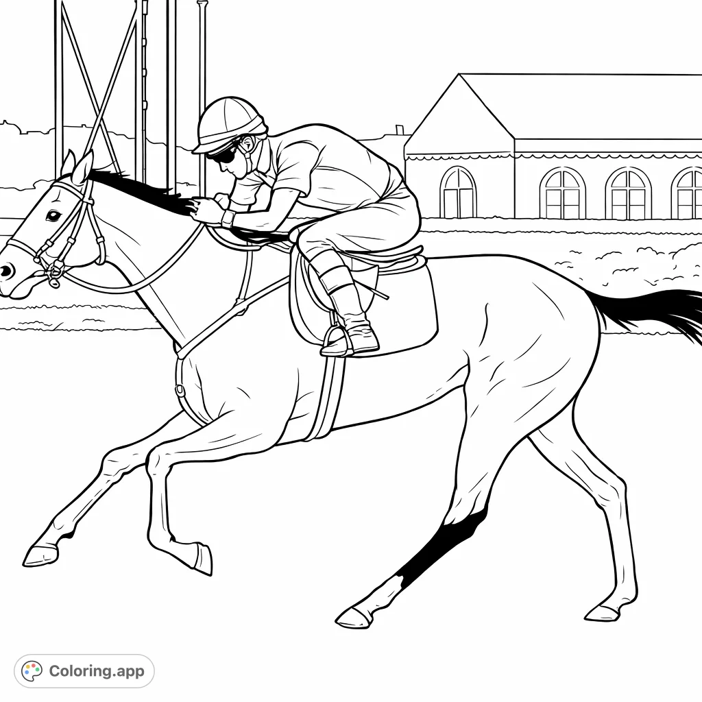 Experience the thrill of a horse race with this dynamic coloring page featuring a powerful galloping horse and a focused jockey on a grassy track.