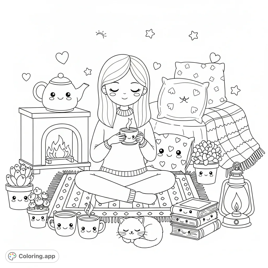 A super cute kawaii coloring page featuring a relaxed woman enjoying tea by a fireplace, surrounded by adorable, smiling objects and floating stars and hearts.