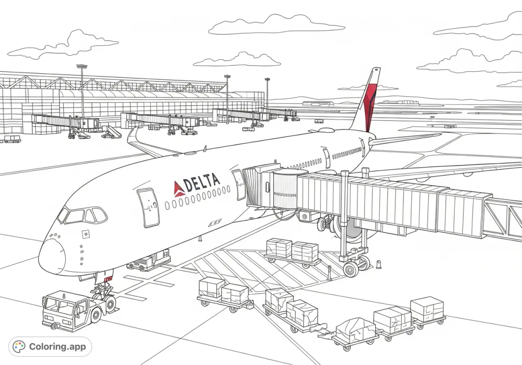 Color a detailed Delta A350-900 aircraft at an airport gate, complete with ground equipment, a jet bridge, and the terminal background. Perfect for aviation enthusiasts!