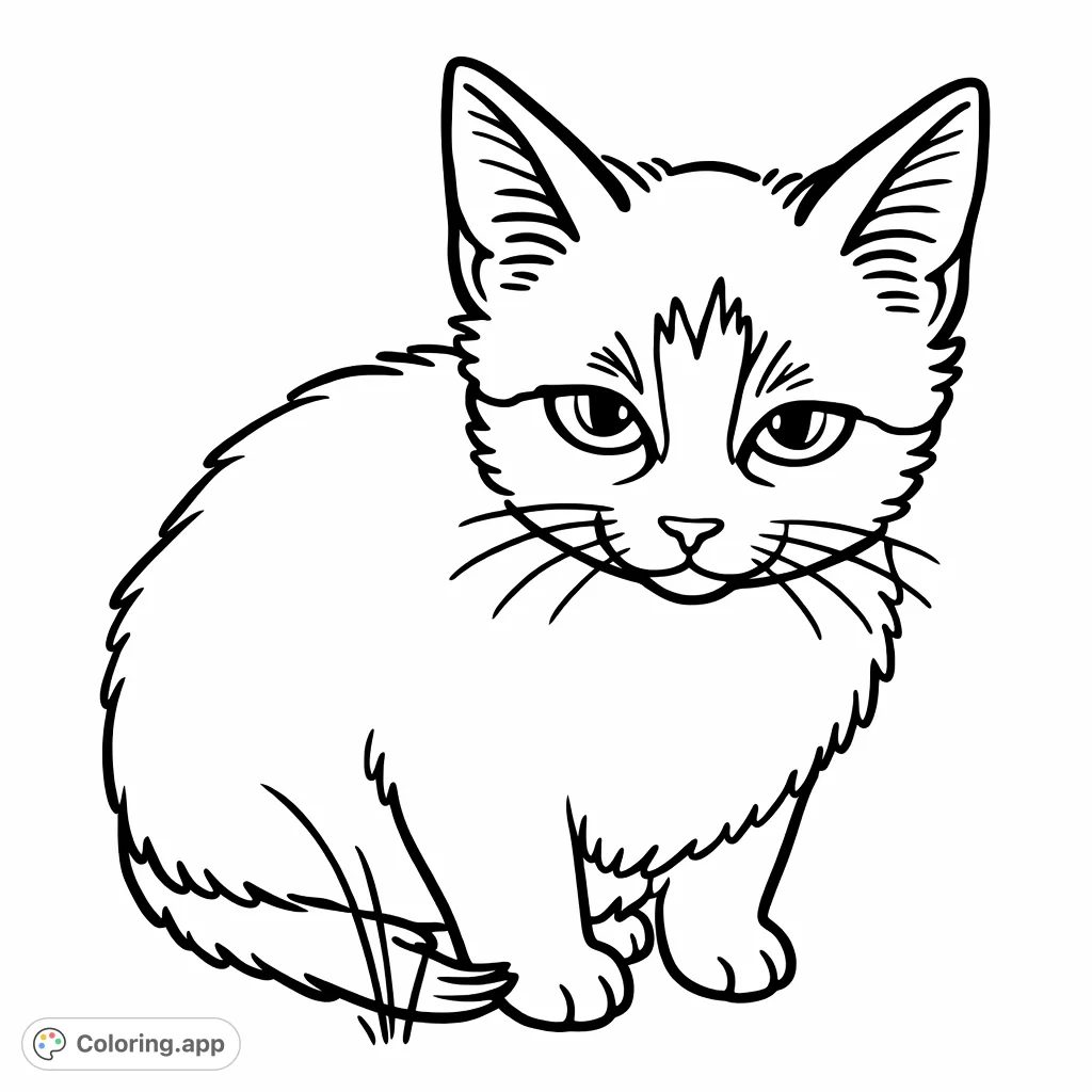 A cute, cartoony kitten with distinct facial markings sits looking forward. This simple, sweet design is perfect for young artists and quick, relaxing coloring sessions.