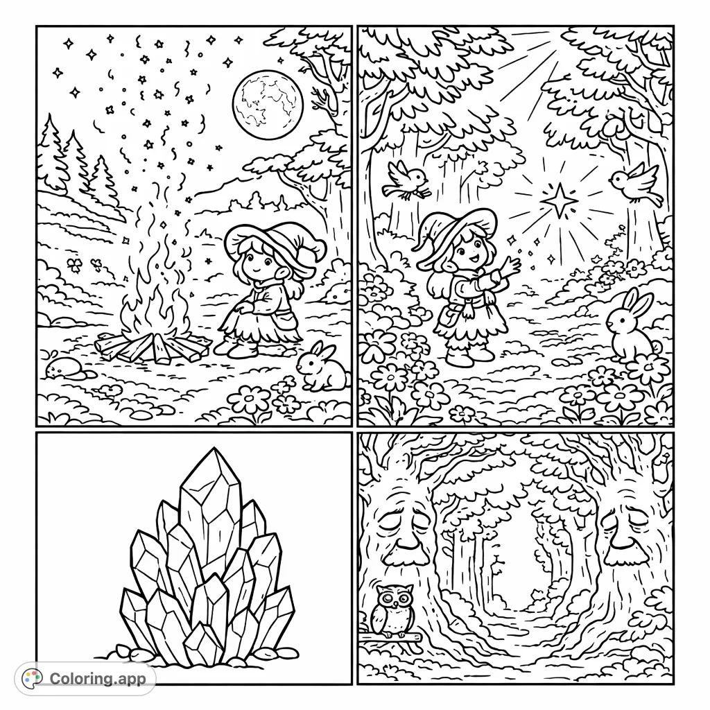 Join a cheerful witch by a crackling campfire under a starry moonlit sky. This whimsical scene features forest creatures and magical sparks, perfect for imaginative coloring fun!