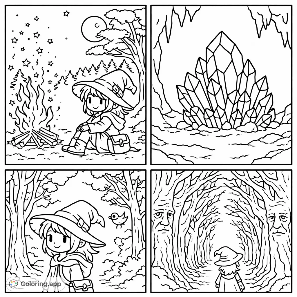 Explore four enchanting fantasy scenes featuring a little witch by a campfire, sparkling crystals, a sunlit forest, and mystical tree guardians. Perfect for imaginative coloring.