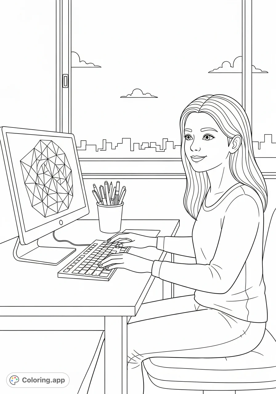 A cheerful young girl smiles while working on her computer, surrounded by everyday desk items. A delightful tech-themed coloring page!