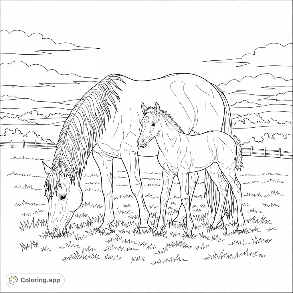 A heartwarming horse and foal grazing scene in a peaceful field, perfect for a relaxing farm animals coloring page. A free printable coloring page for kids and adults.