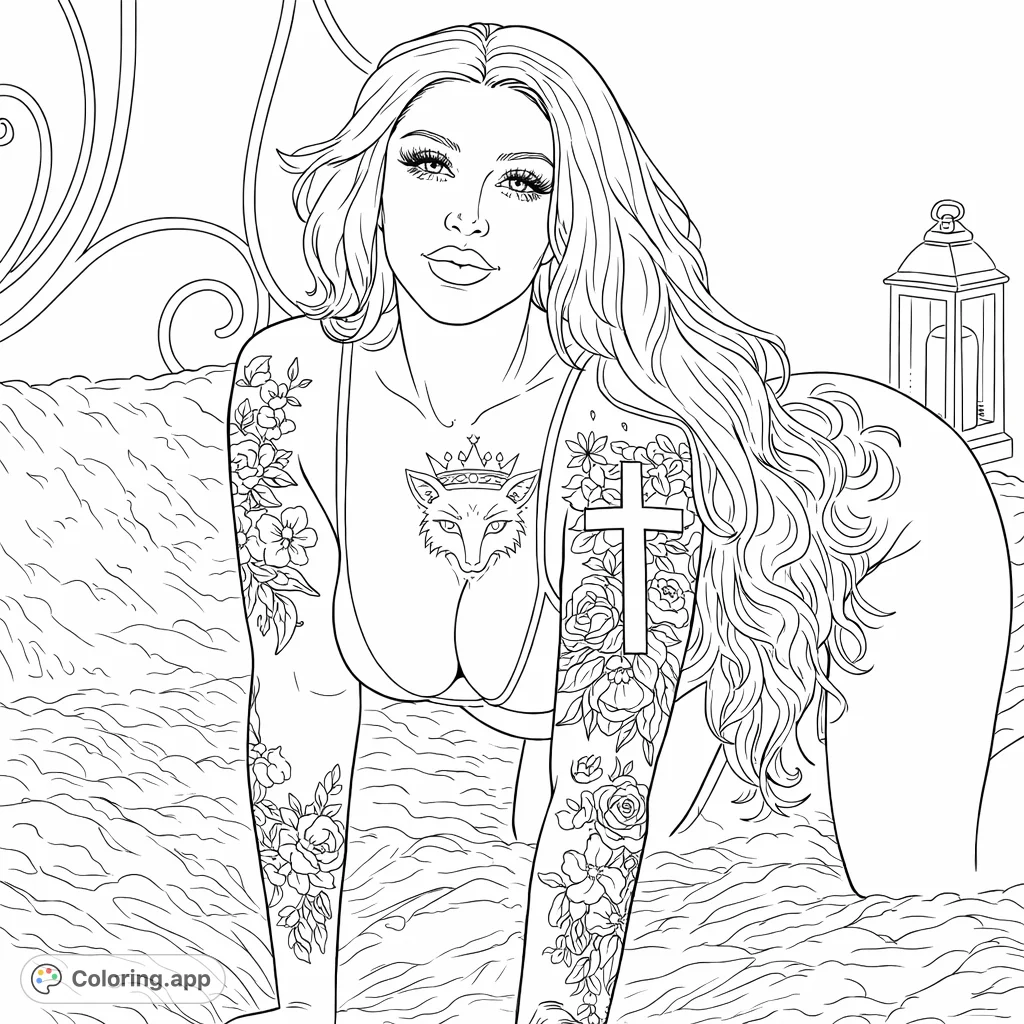 A striking figure adorned with intricate floral and cross tattoos, posed on soft bedding. This detailed coloring page offers a captivating blend of form and artistry.