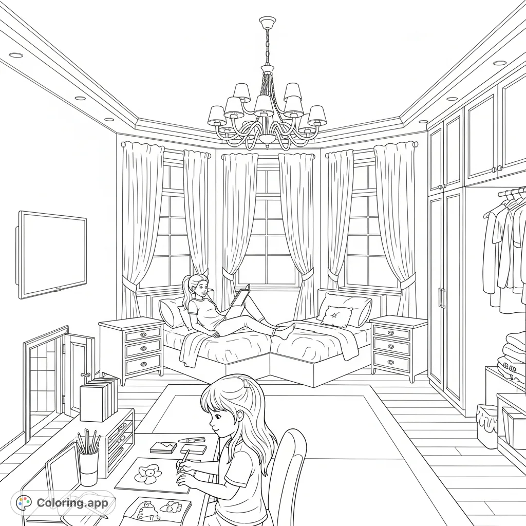 Explore a detailed bedroom scene with two girls, a secret room, elegant furniture, and intricate details. A perfect free printable coloring page!