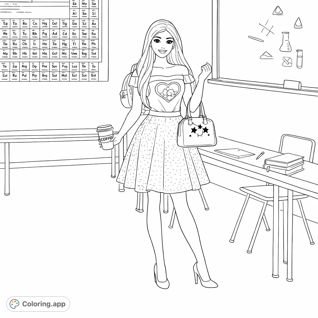Color a chic student in a detailed classroom. Features a fashionable outfit, coffee cup, and school elements like a periodic table and blackboard.