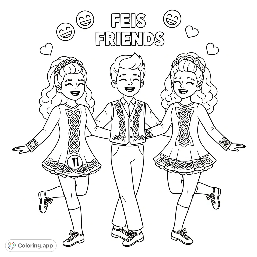Three joyful 'feis friends' Irish dancers, wearing traditional costumes with Celtic knotwork, share a laugh at a competition. Features 'Feis Friends' text.