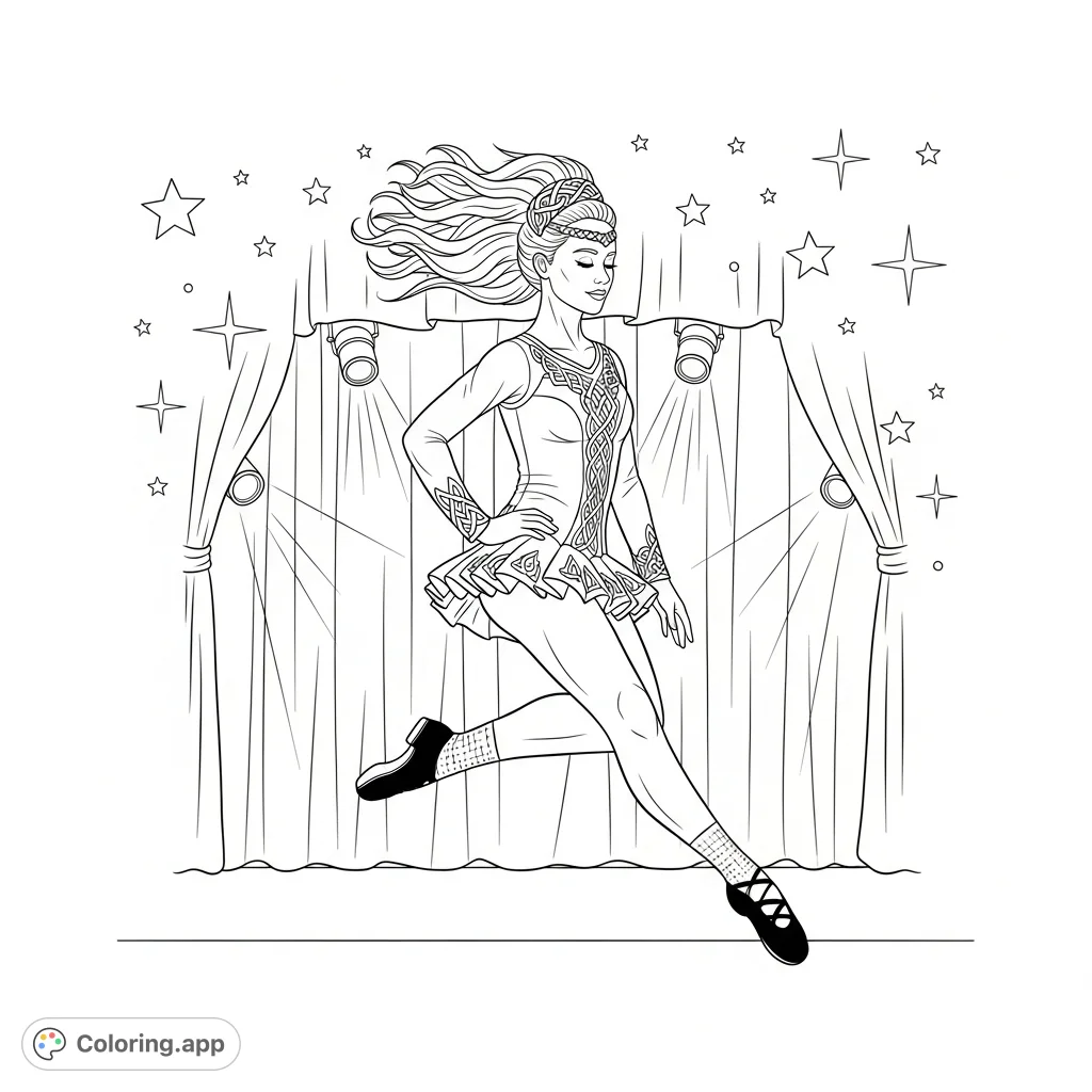 Capture the dynamic elegance of a female Irish dancer in mid-leap, showcasing a modern Celtic dress and flowing hair on a theatrical stage.