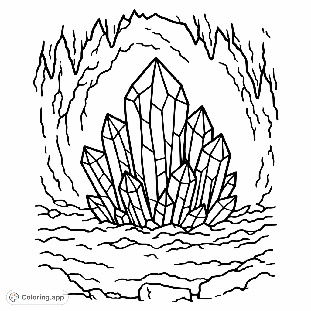 Explore a wondrous cave with a striking faceted crystal formation. A cartoony style with bold outlines offers a simple, engaging coloring experience for all ages.