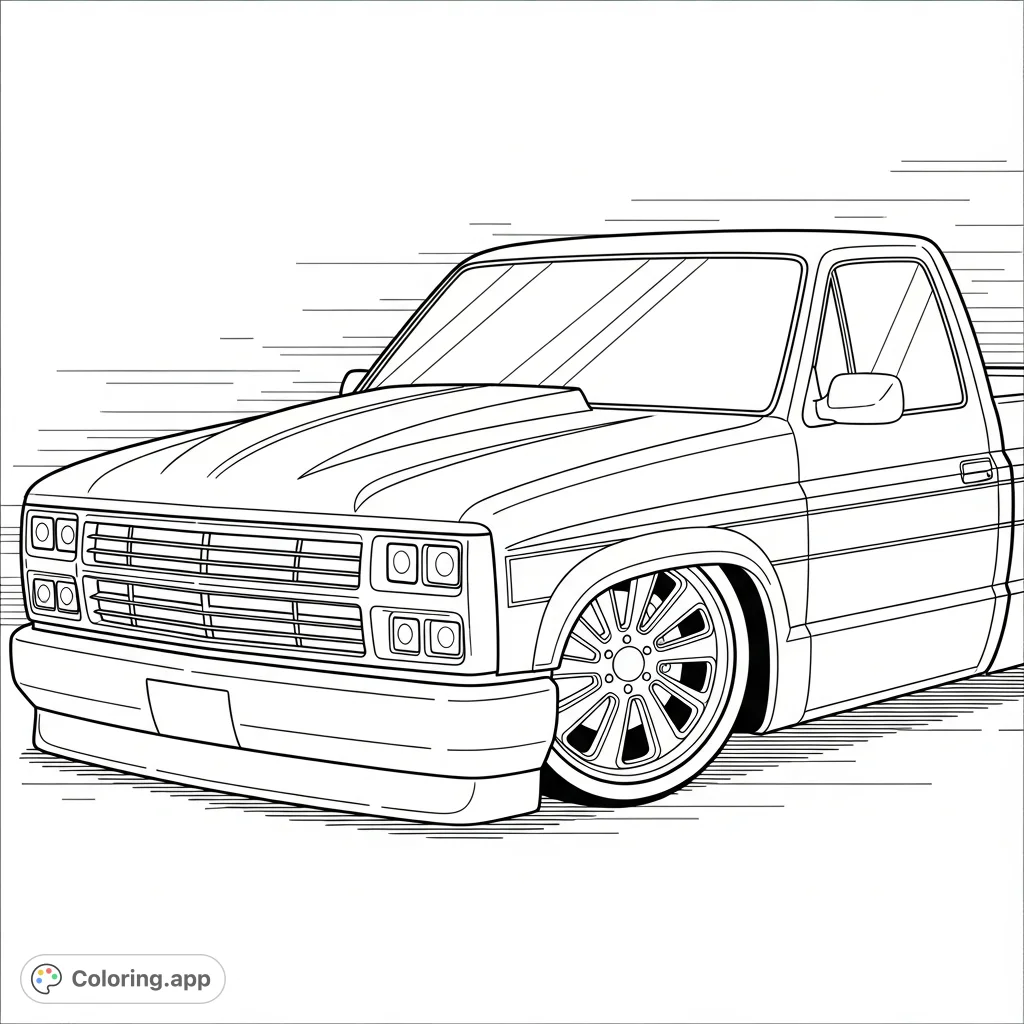 Unleash your creativity on this custom pickup truck coloring page. Features a detailed grille, custom wheel, and sleek design.