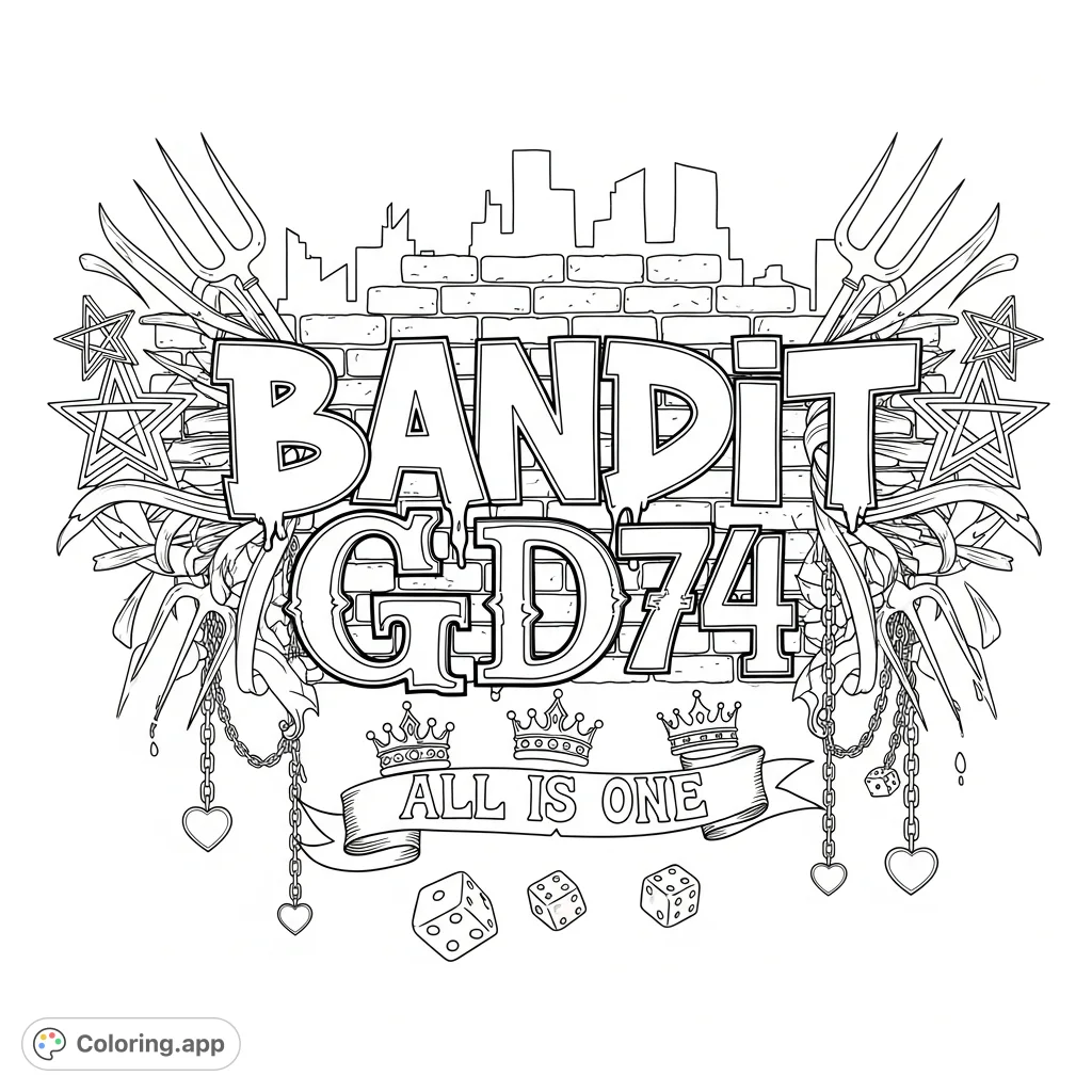 Unleash your creativity with this intricate graffiti coloring page! Featuring 'BANDIT' in bold lettering, a cityscape, stars, pitchforks, and chains.