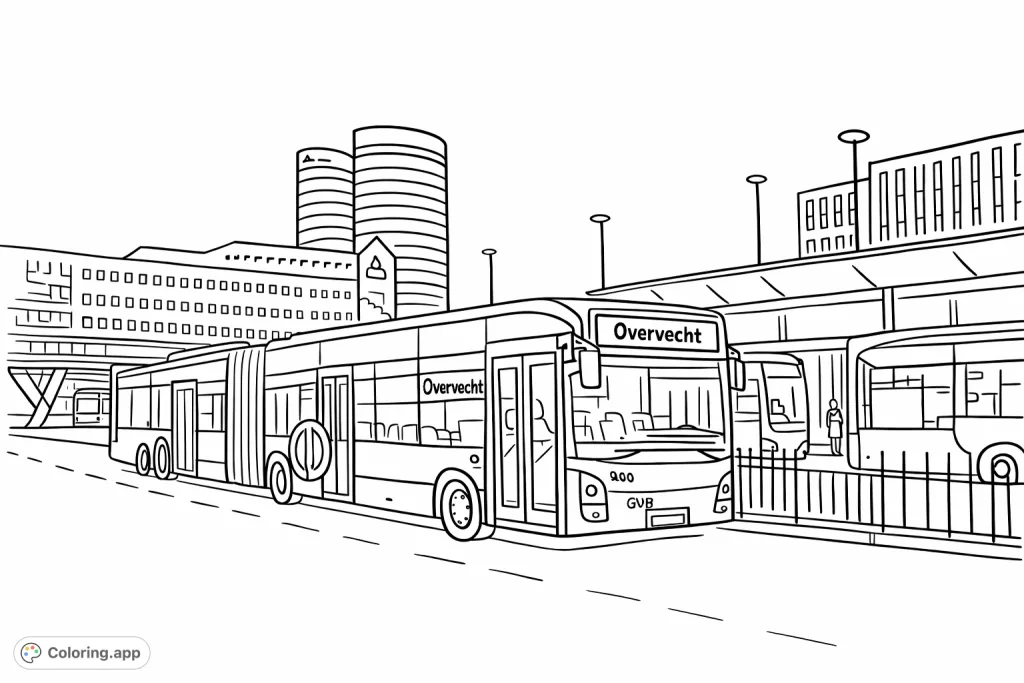 Explore a bustling modern bus station scene featuring a dynamic articulated bus and sleek city architecture, perfect for transportation enthusiasts.